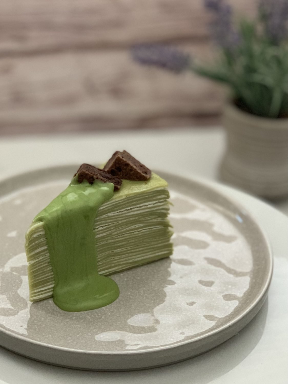 Matcha mille crepe cake slice